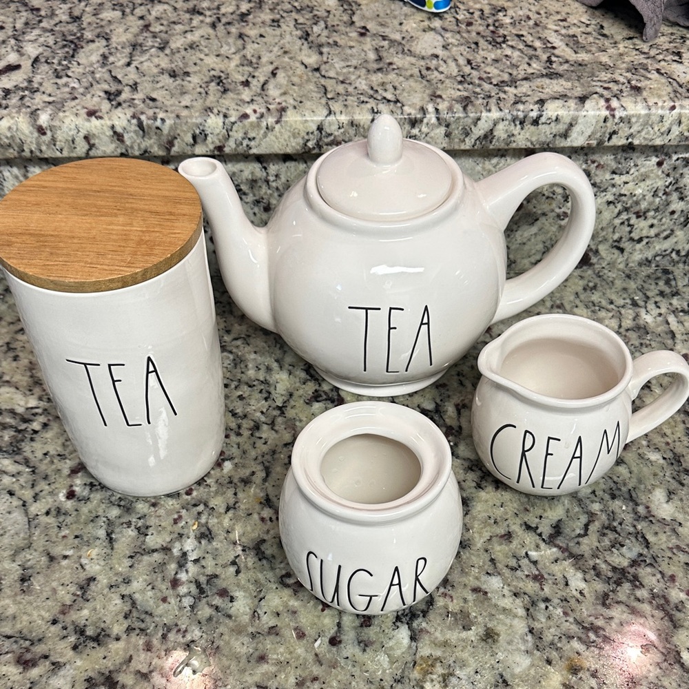 Rae Dunn Ceramic Tea Set with Wooden Lid
